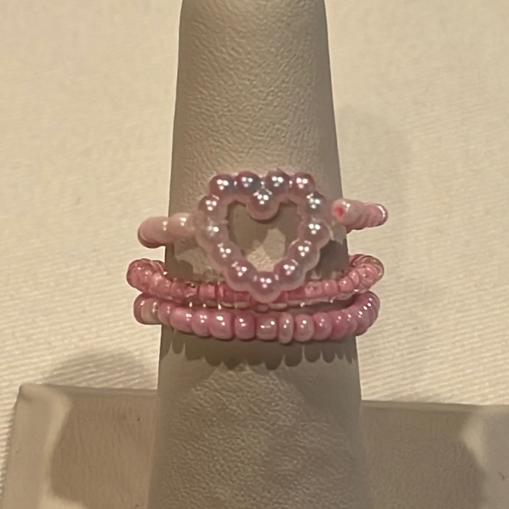 Handmade Pink Heart Beaded Ring Set, Stretchy